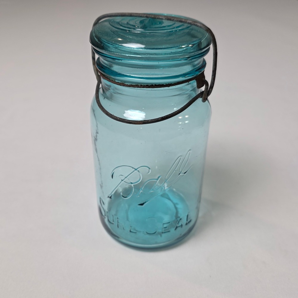 Ball Sure Seal Canning Jar Quart Aqua Blue Vintage Wire Bail with Glass Lid